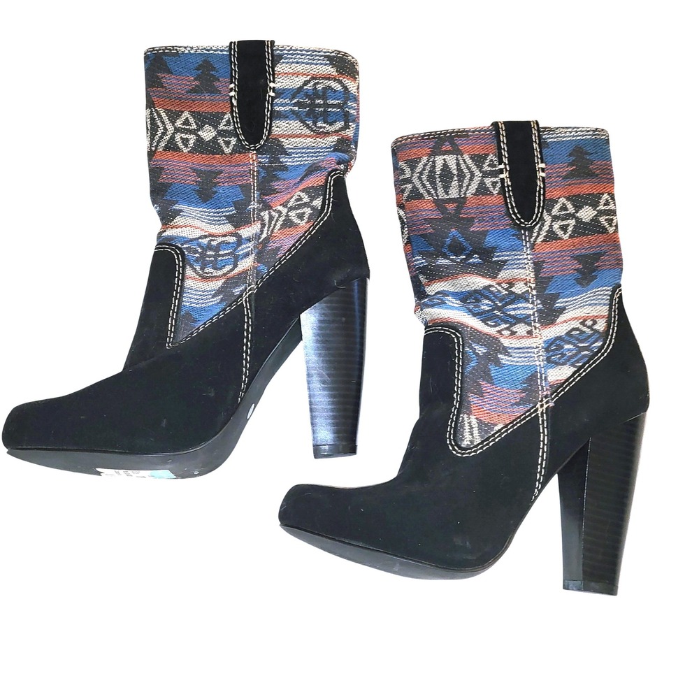 NWT MIA Explorer Aztec Southwest Black Suede Heel Ankle Mid Calf Boots 7.5